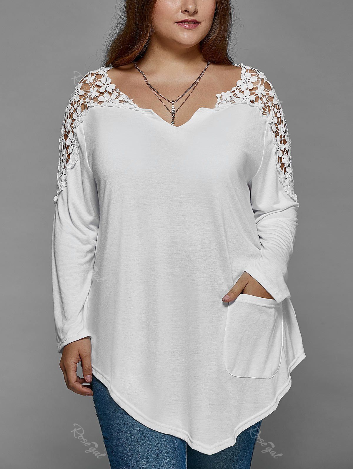 Discount Plus Size Lace Insert Long Sleeve Tunic T-Shirt  