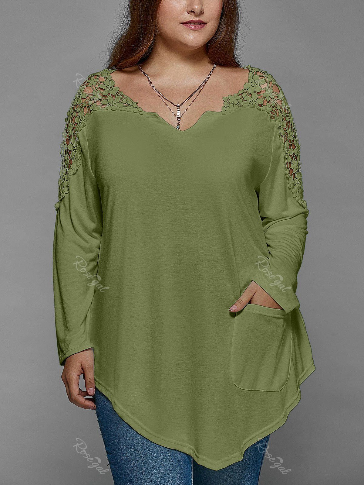 Affordable Plus Size Lace Insert Long Sleeve Tunic T-Shirt  