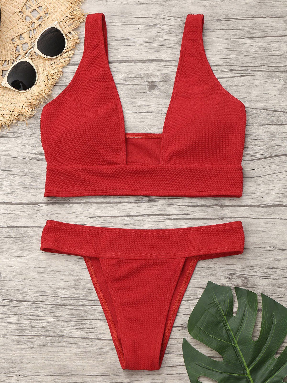 

Plunging Neckline Low Waist Bikini, Red