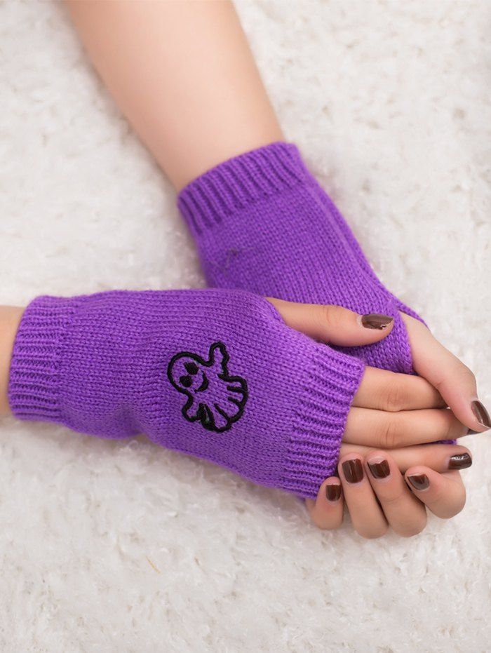 

Halloween Ghost Embroidery Exposed Finger Knitting Gloves, Purple