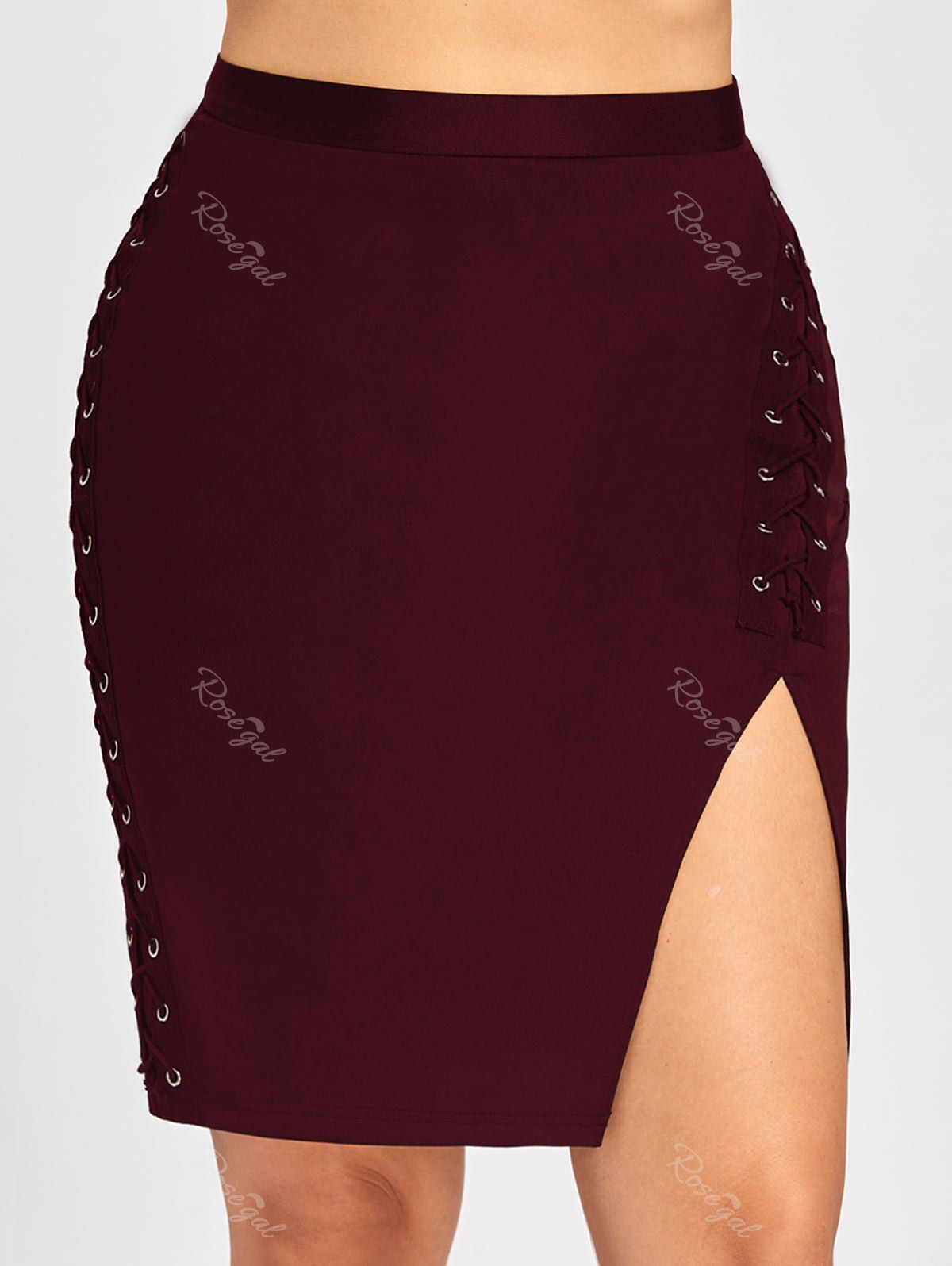 

Plus Size High Waist Slit Criss Cross Bodycon Skirt, Wine red