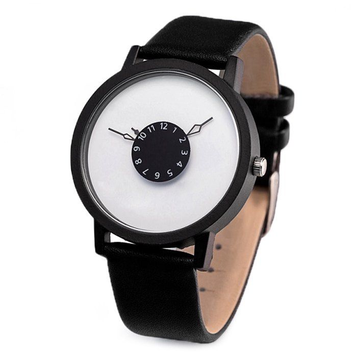 

Faux Leather Strap Number Round Watch, Black white