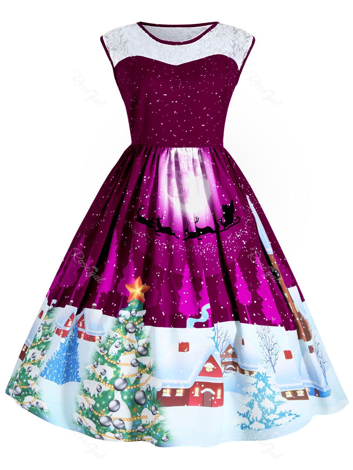

Christmas Plus Size Lace Panel Sleeveless Party Dress, Purplish red