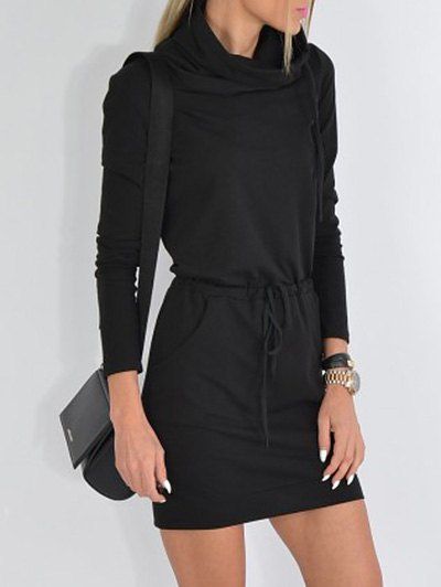 

Cowl Neck Drawstring Mini Dress, Black