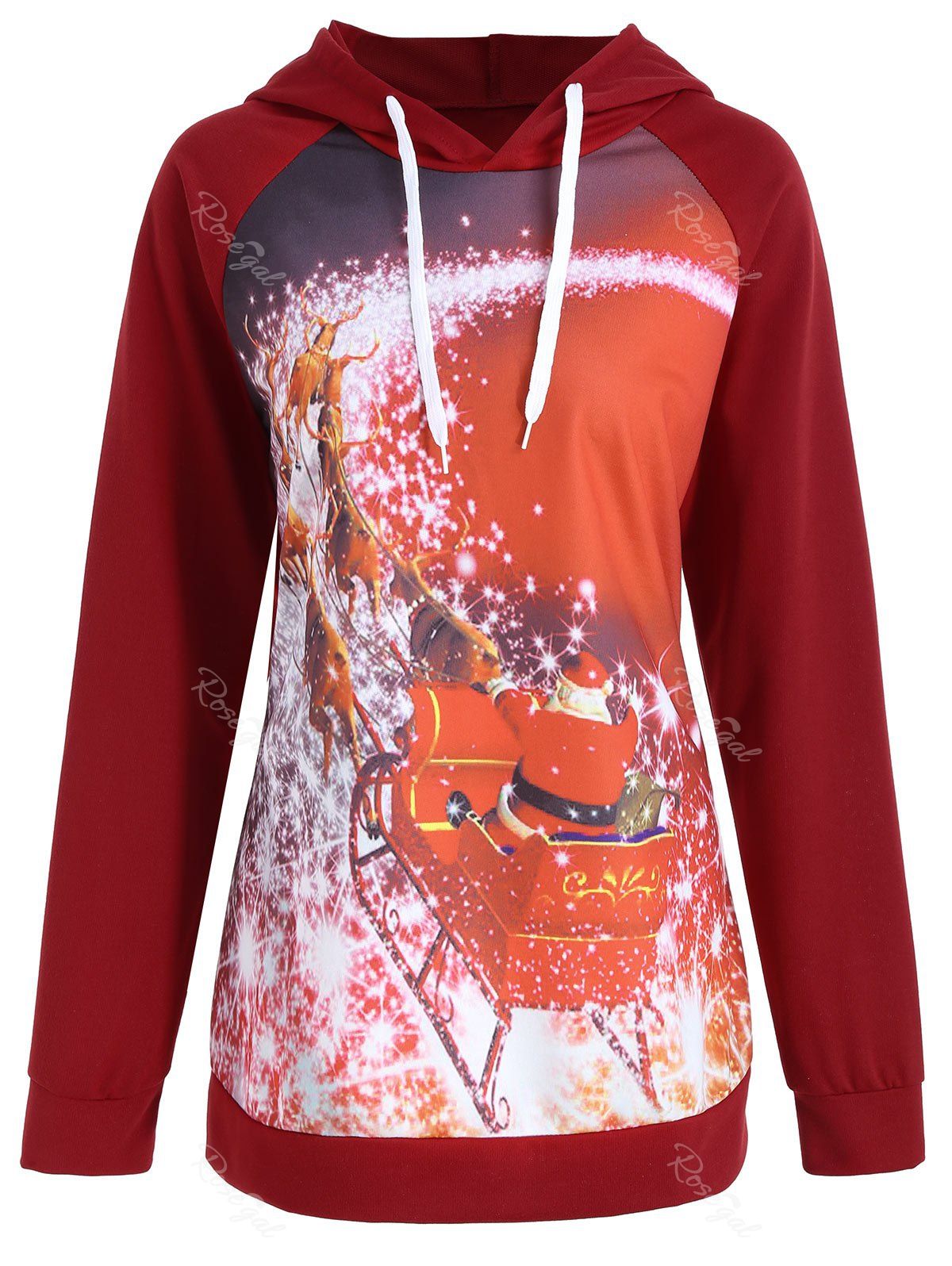 

Christmas Santa Claus Sled Elk Print Plus Size Hoodie, Wine red