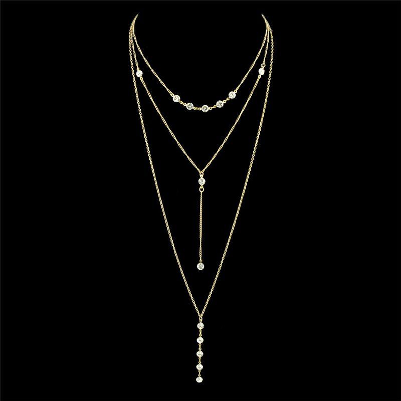 

Long Pendant Crystal Layered Necklace, Golden