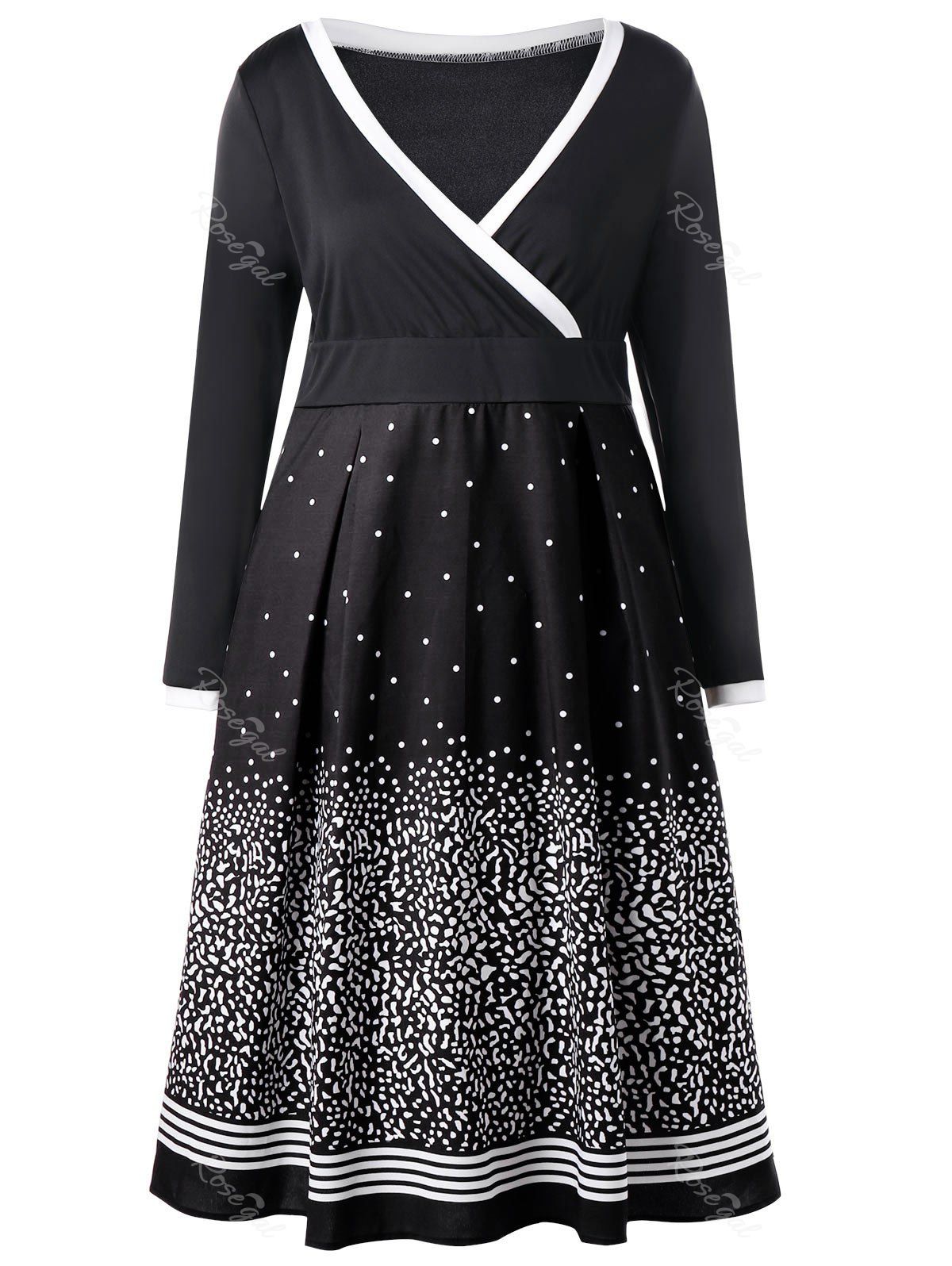 

Plus Size Long Sleeve Dot Print Surplice Dress, Black