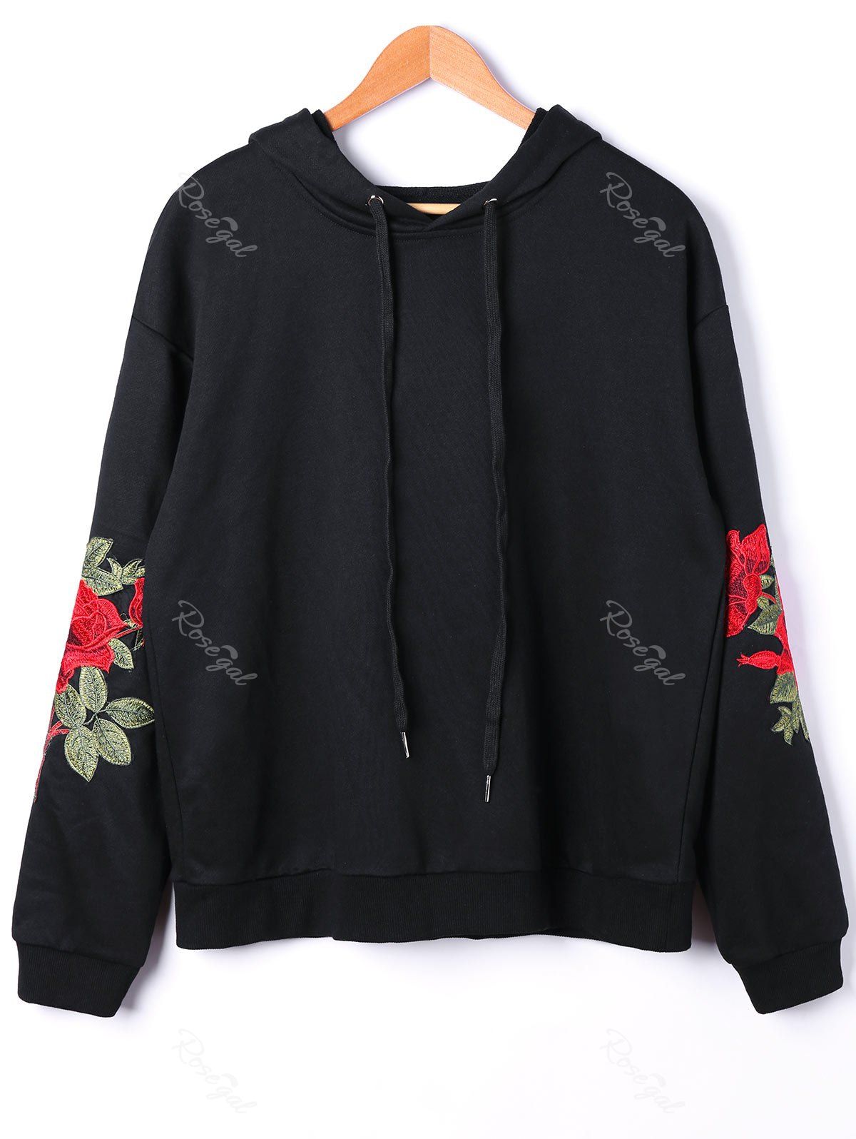 

Embroidery Plus Size Drawstring Hoodie, Black