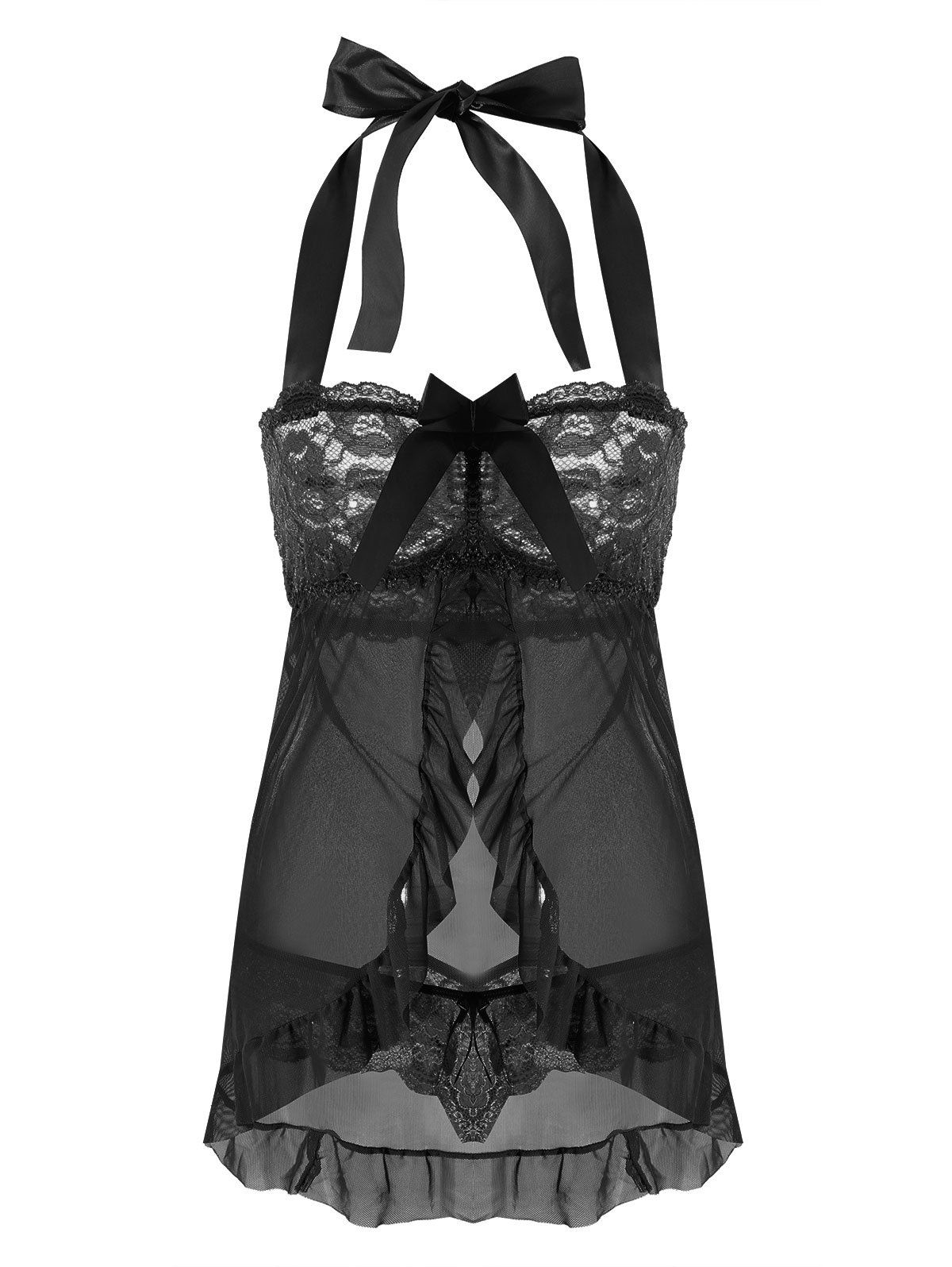 

Mesh Ruffles Halter Split Babydoll, Black