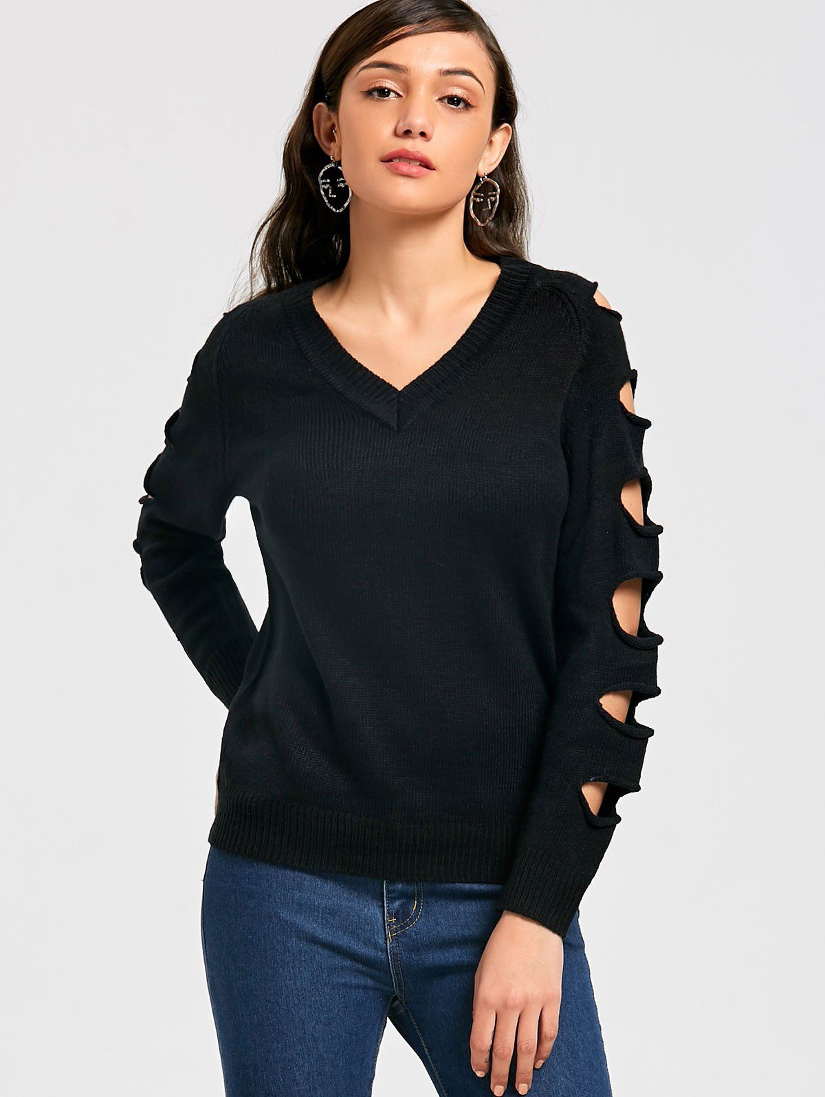 

Distressed V Neck Sweater, Black