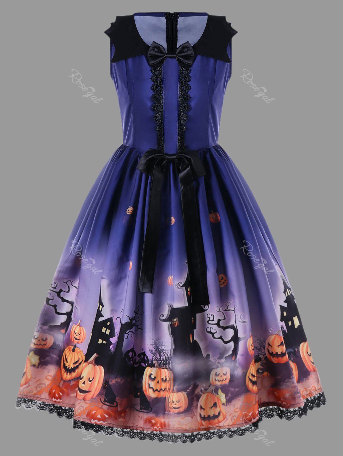 

Halloween Plus Size Bowknot Decorated 50s Swing Dress, Blue