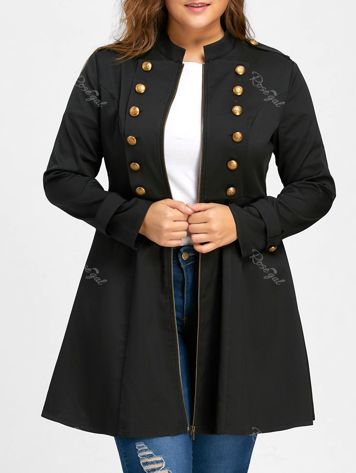 Manteau Évasé avec Épaulette et Double Boutonnage Grande Taille Noir XL
