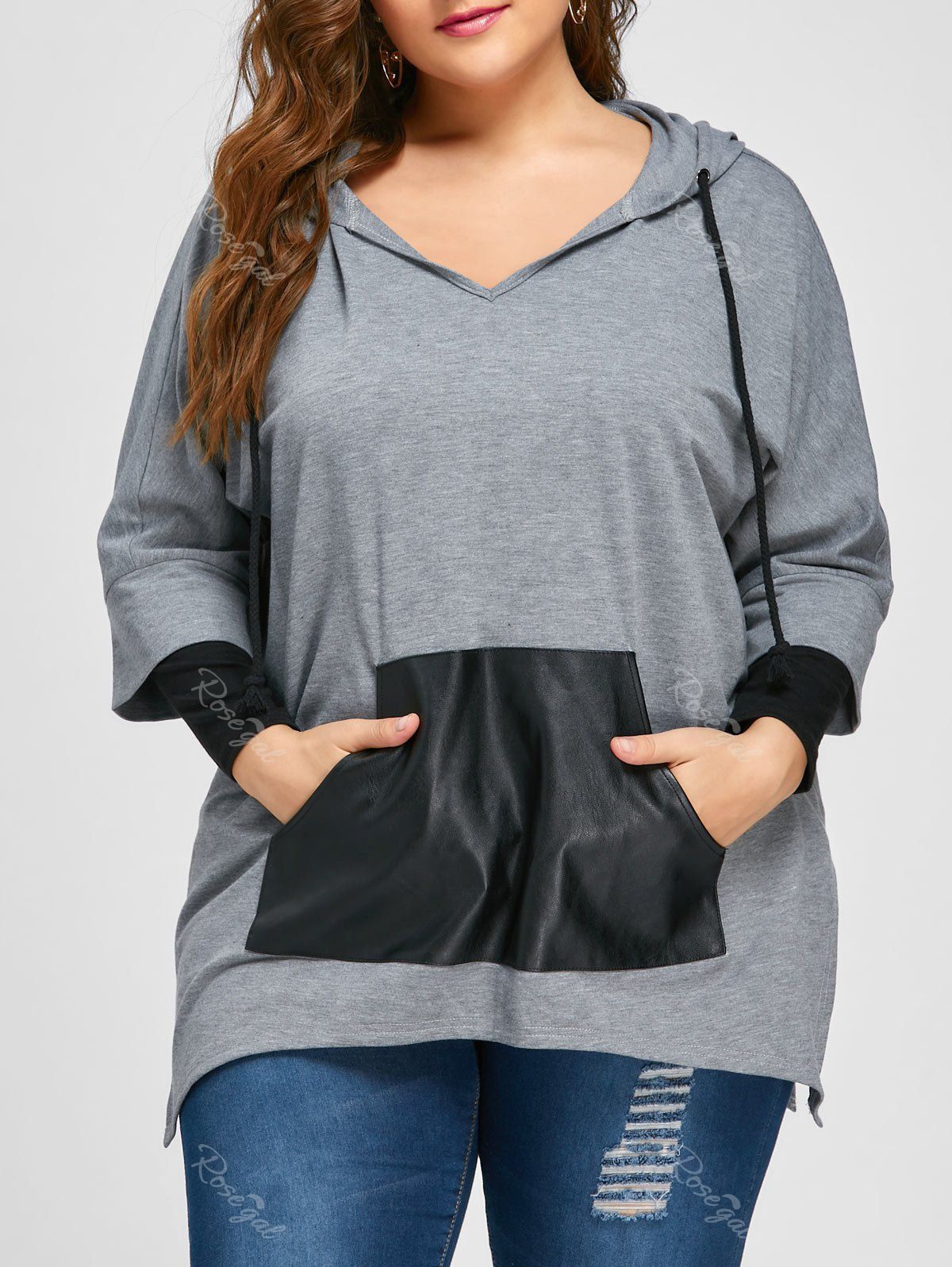 

Plus Size Kangaroo Pocket Side Split Hoodie, Gray