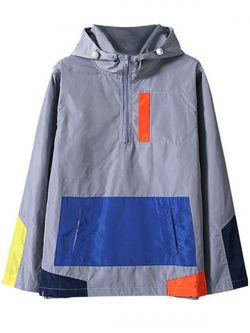 Colorblocked Half Zip Anorak Jacket - GRAY - L