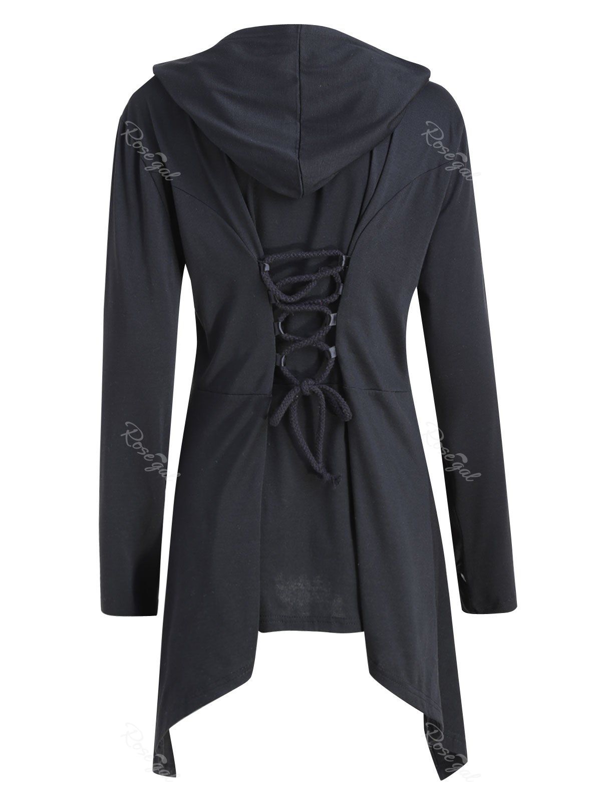 

Plus Size Asymmetric Hooded Lace Up Coat, Black