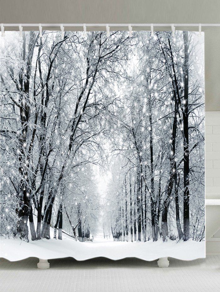 

Snowy Forest Path Print Fabric Waterproof Bathroom Shower Curtain, White