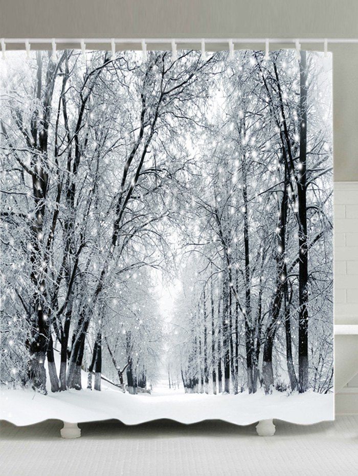 

Snowy Forest Path Print Fabric Waterproof Bathroom Shower Curtain, White
