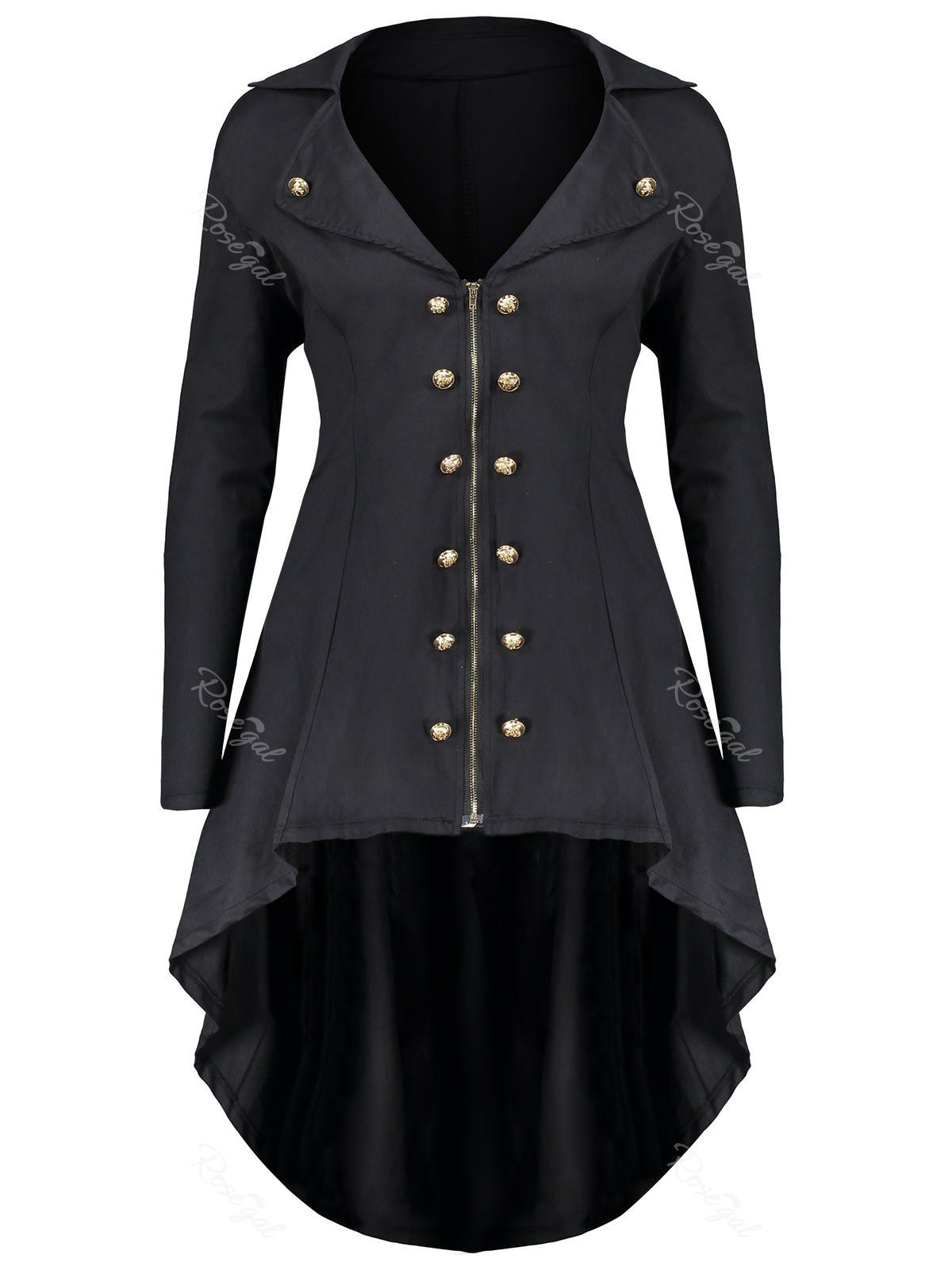 

Lapel Double Breast Plus Size High Low Coat, Black