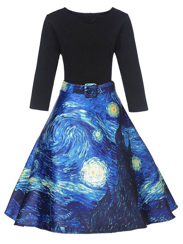 

A Line Galaxy Print Vintage Dress, Black
