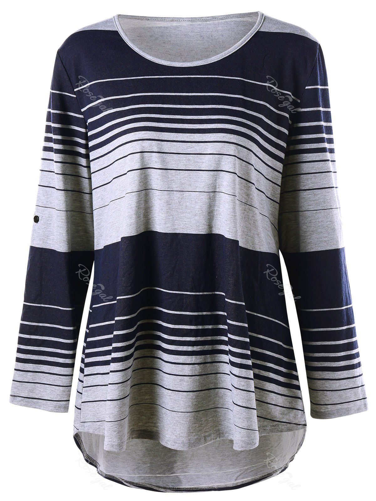 

Plus Size Long Sleeve Striped High Low T-shirt, Colormix