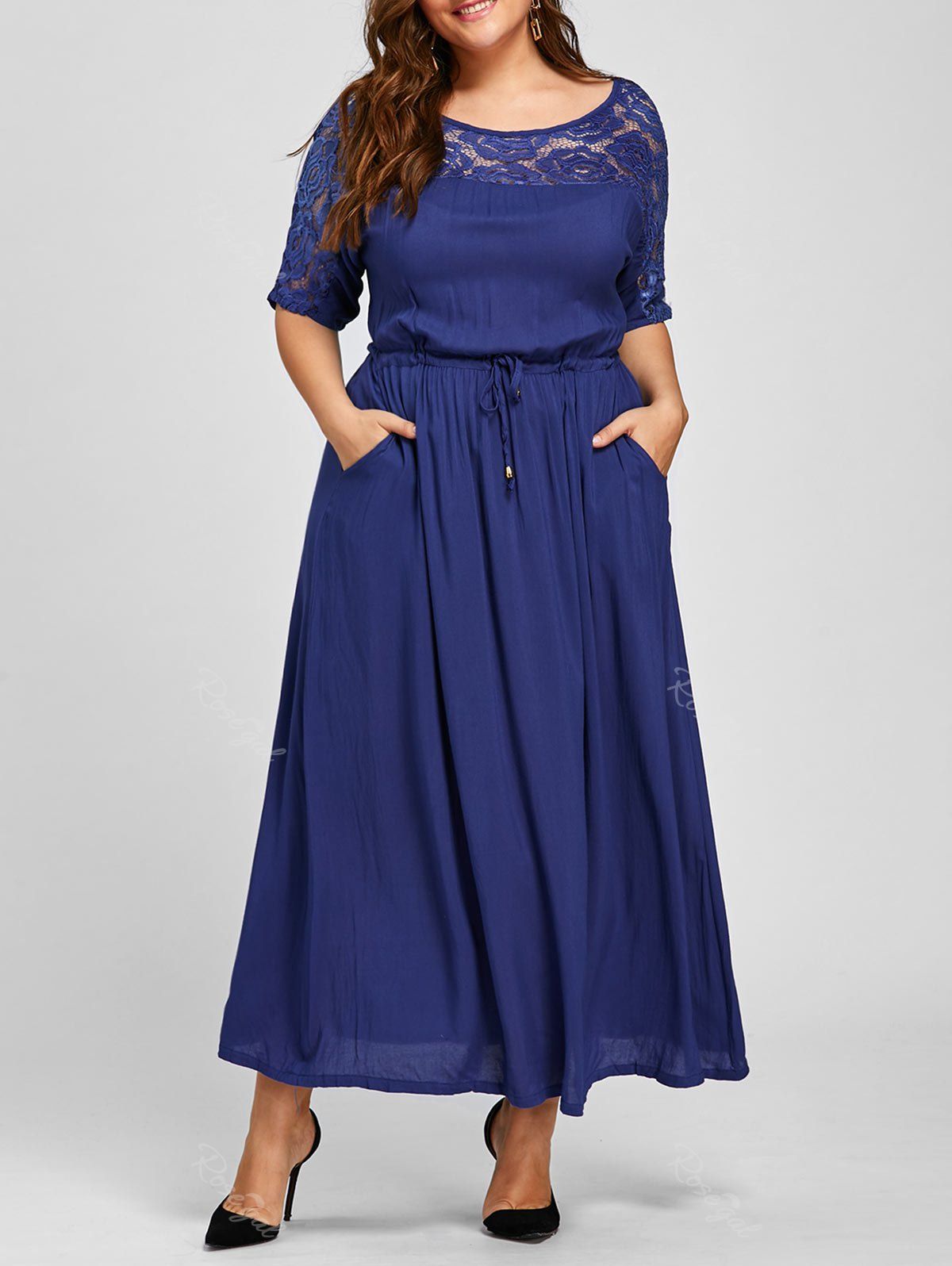 

Maxi Plus Size Lace Trim Drawstring Dress, Blue