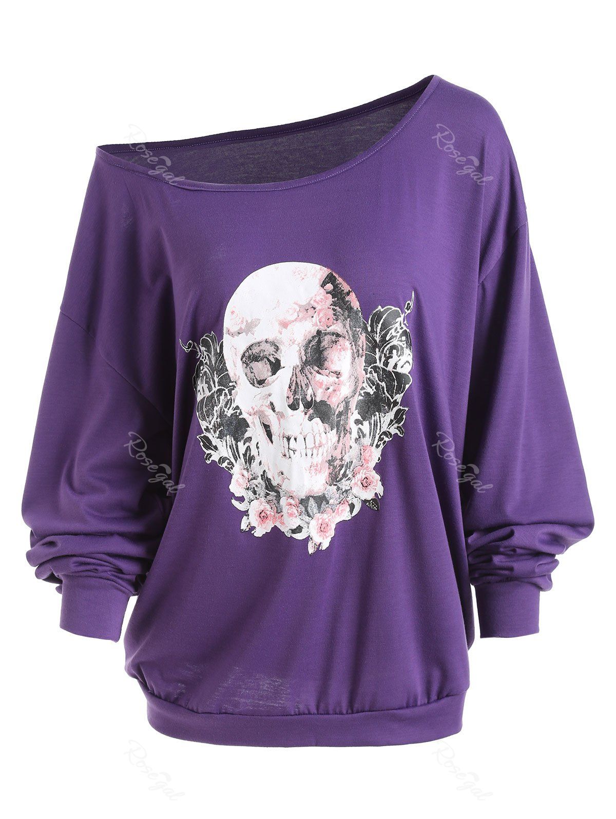 

Plus Size Skew Neck Halloween Skull Rose Tee, Purple