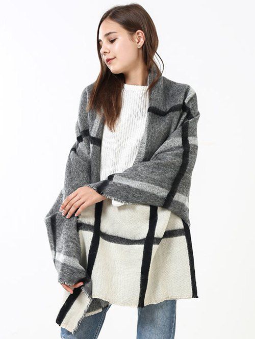 

Double Sided Check Pattern Long Scarf, Off white + grey