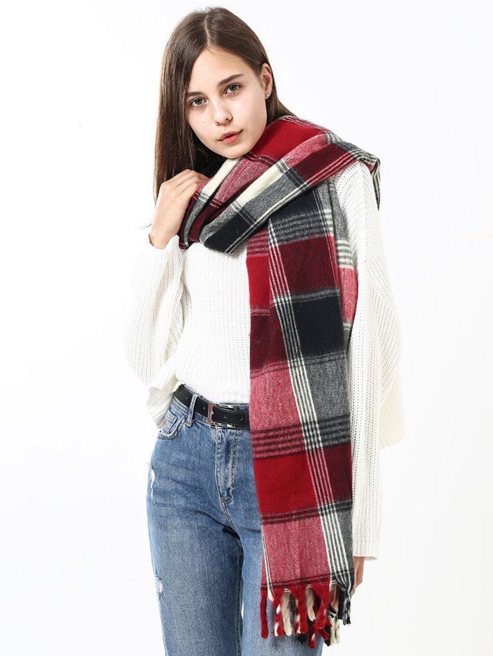 

Vintage Soft Checked Pattern Fringe Long Scarf, Multi