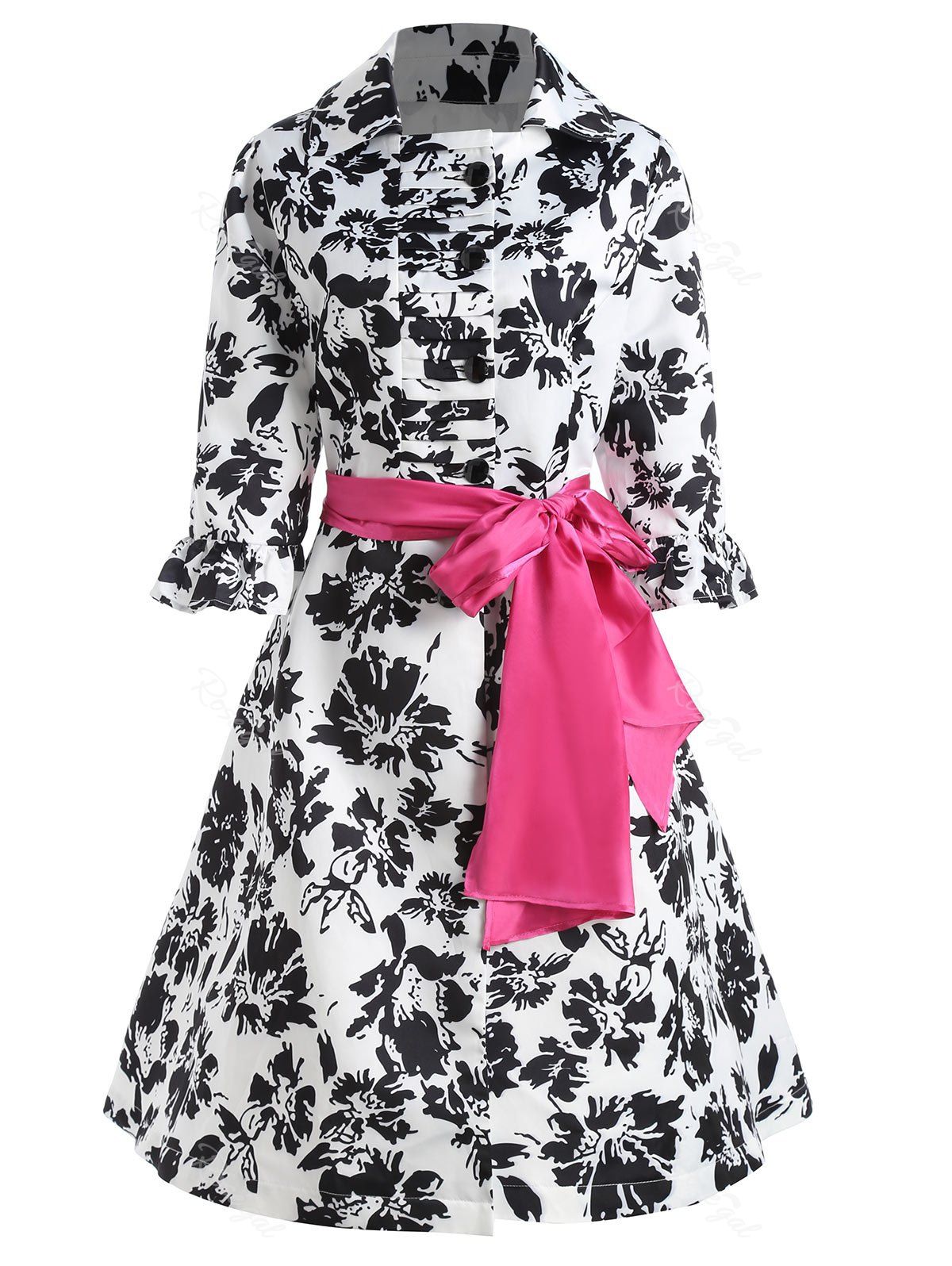 

Bell Sleeve Belted Floral Printed Plus Size Coat, Black