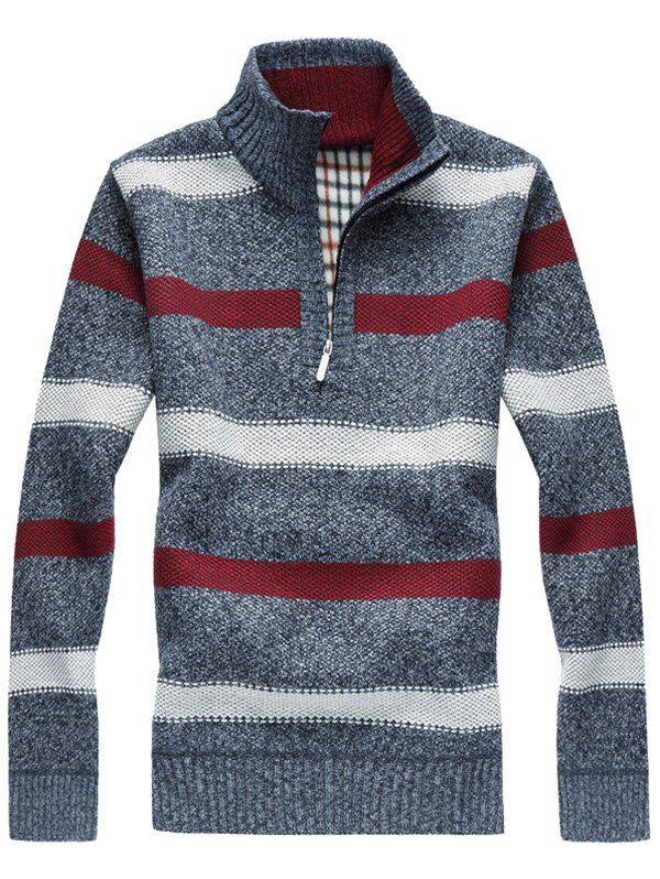 Discount Half Zipper Fleece Stripe Sweater  