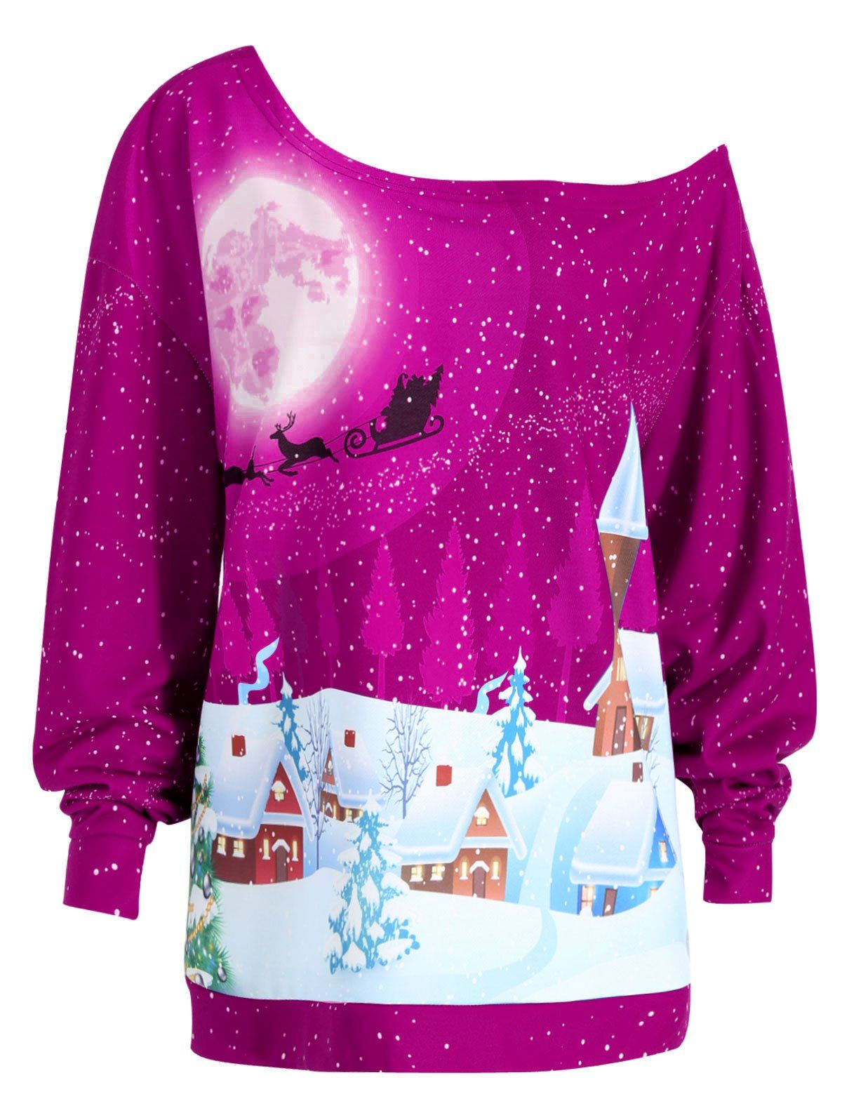 

Christmas Evening Printed Plus Size Skew Neck Sweatshirt, Rose madder