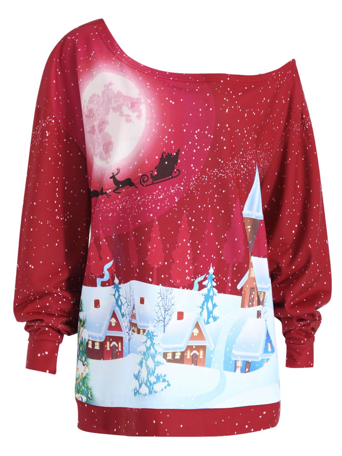 

Christmas Evening Printed Plus Size Skew Neck Sweatshirt, Bright red