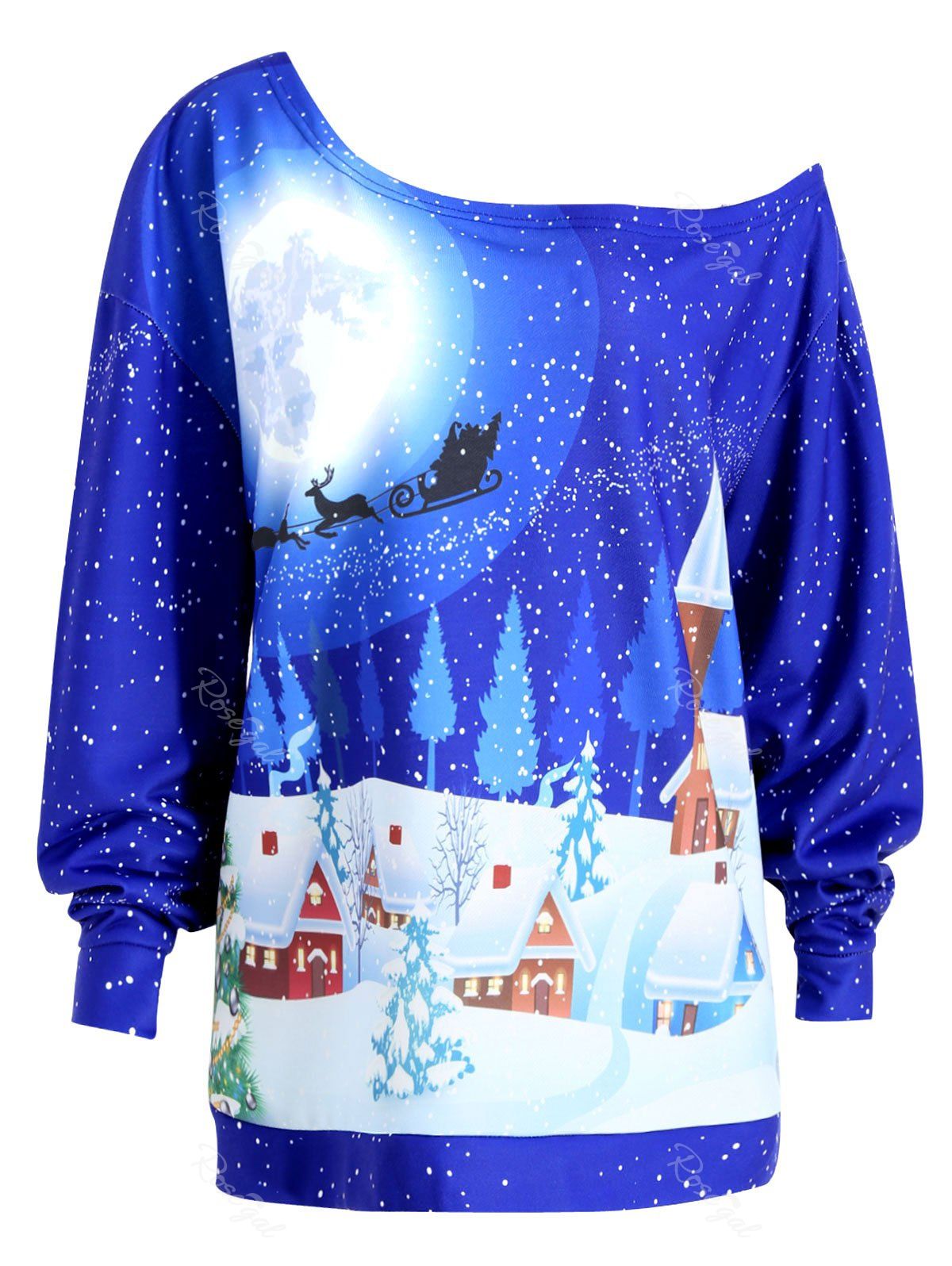 

Christmas Evening Printed Plus Size Skew Neck Sweatshirt, Royal