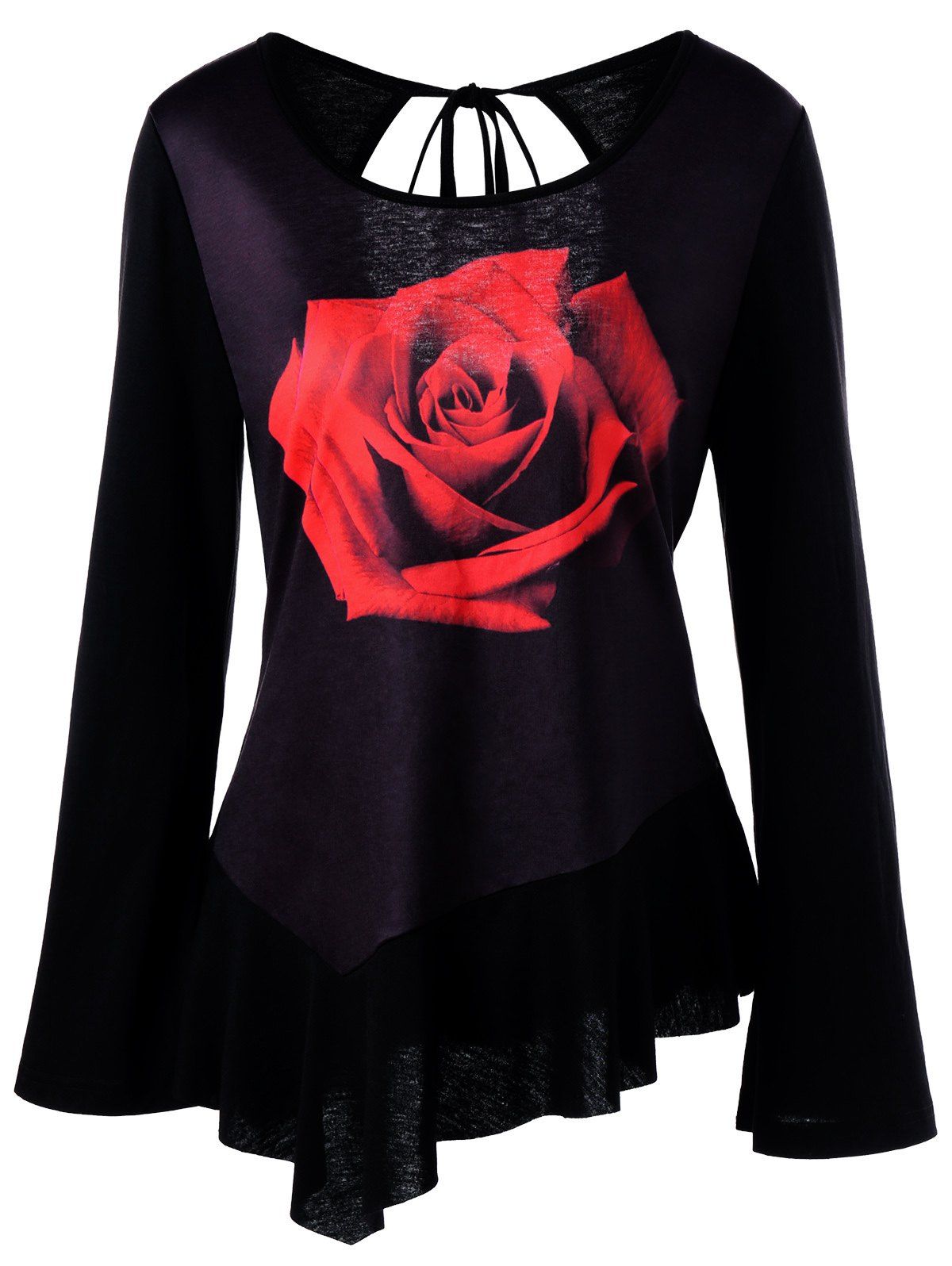 

3D Rose Print Cut Out Bell Sleeve T-shirt, Black