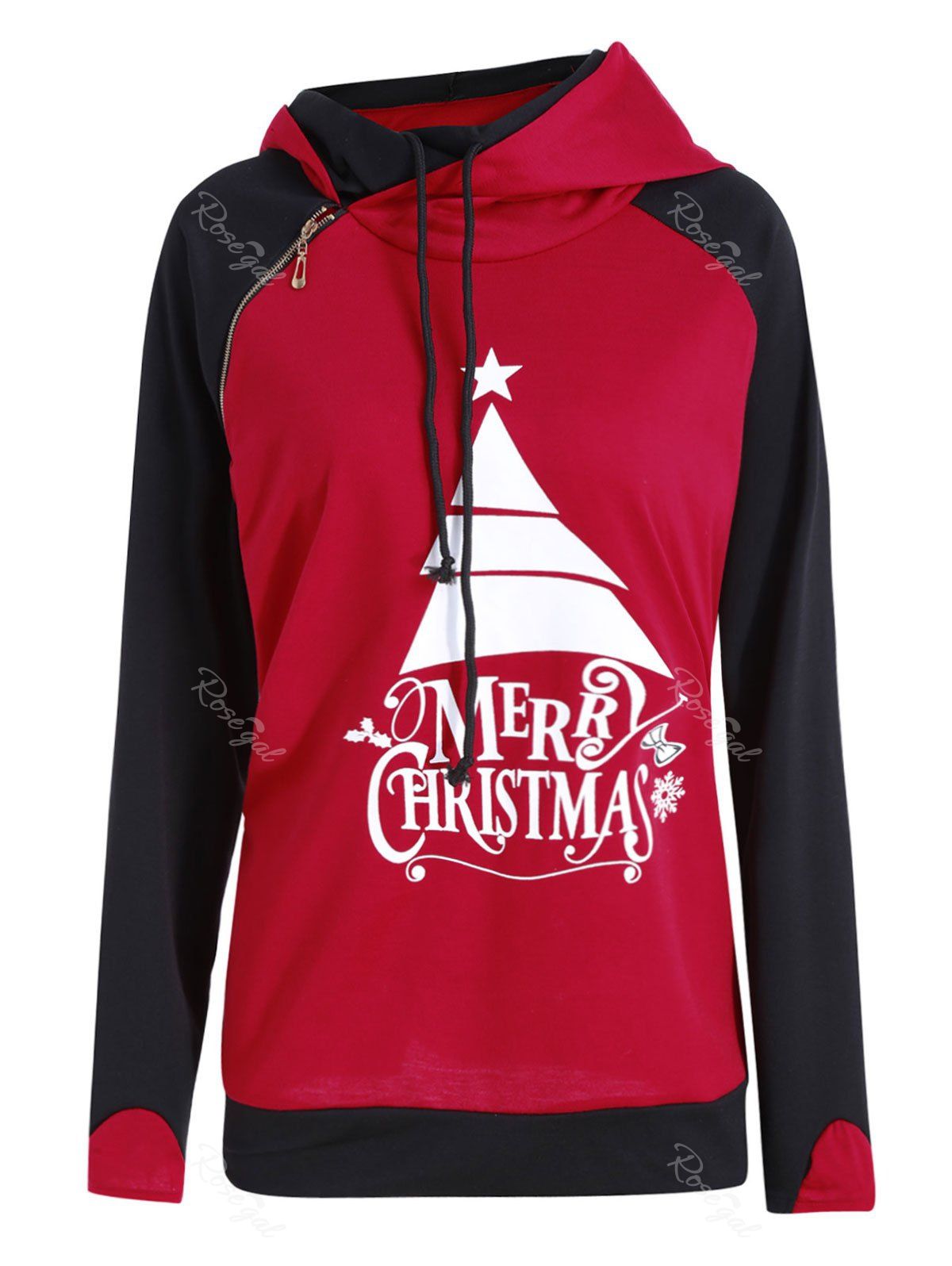 

Plus Size Oblique Zipper Hit Color Merry Christmas Hoodie, Red