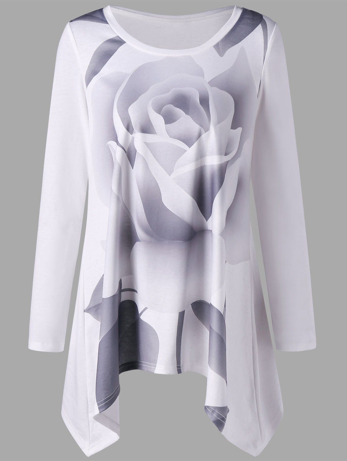 

Rose Printed Long Sleeve Asymmetric Top, White