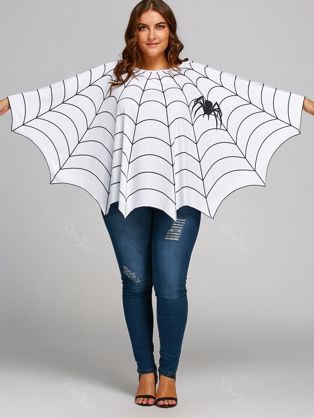 

Halloween Spider Web Plus Size Poncho Blouse, White
