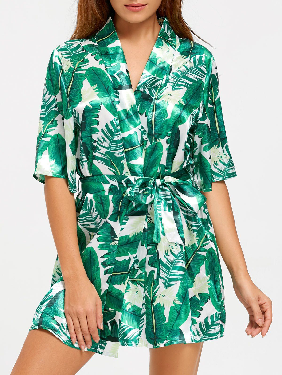 [28% OFF] Wrap Tropical Leaves Print Sleep Robe | Rosegal