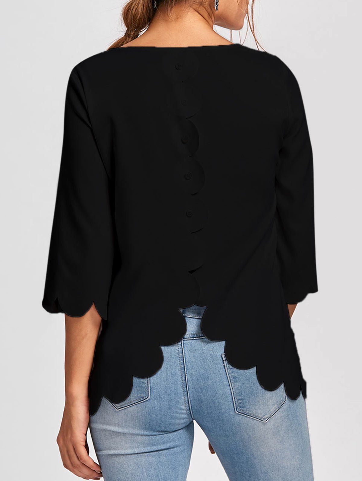 

Button Embellished Scalloped Edge Blouse, Black