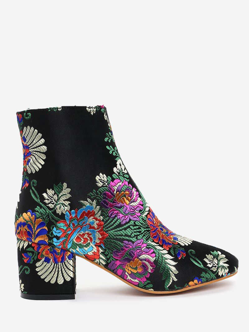 

Ankle Embroidery Floral Boots, Black