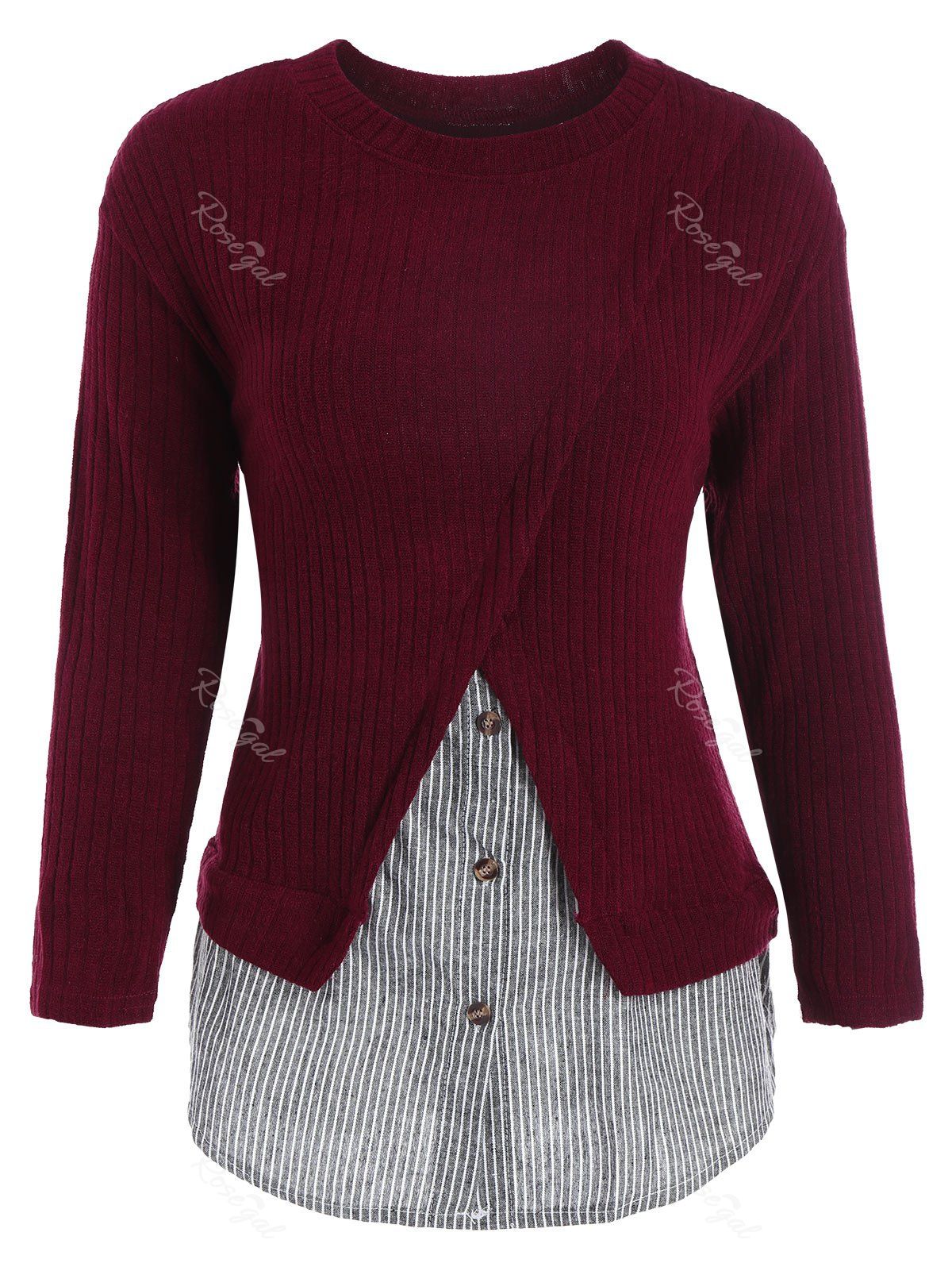 

Stripe Panel Overlay Plus Size Ribbed Sweater, Wine red