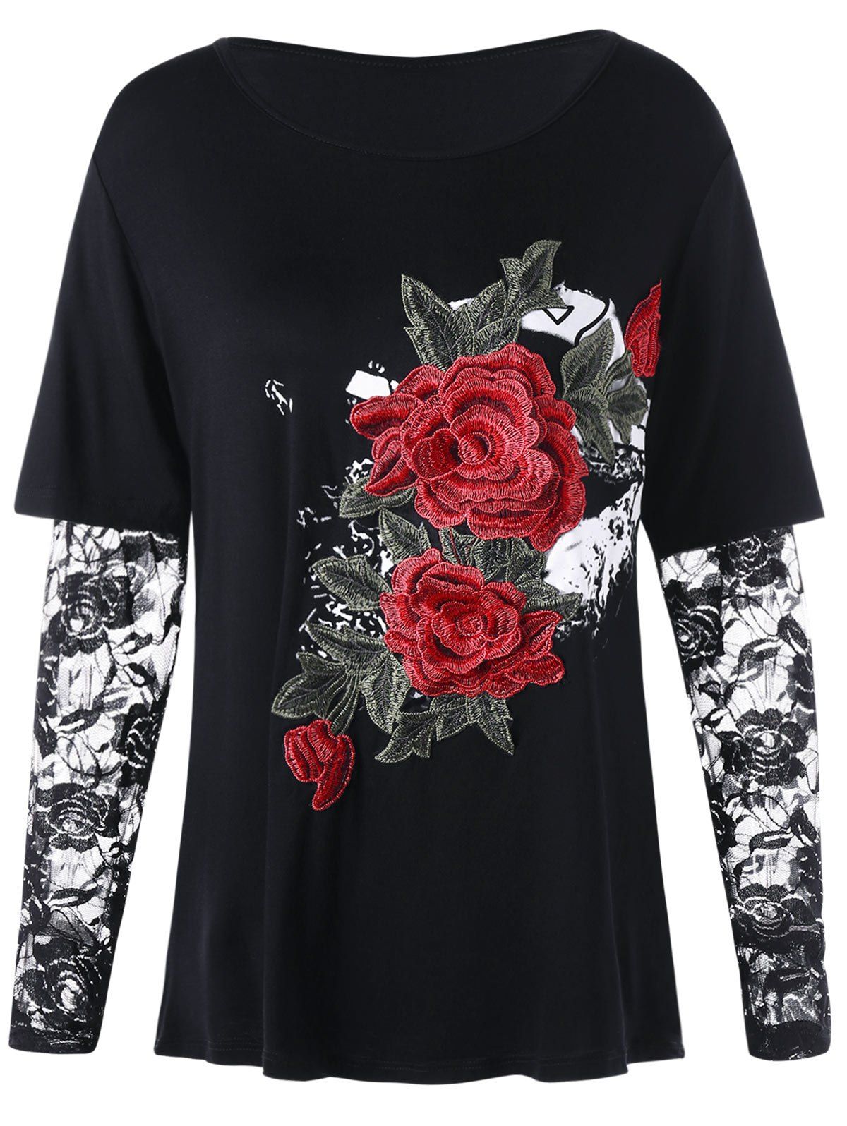 

Lace Trim Floral Appliqued Top, Black