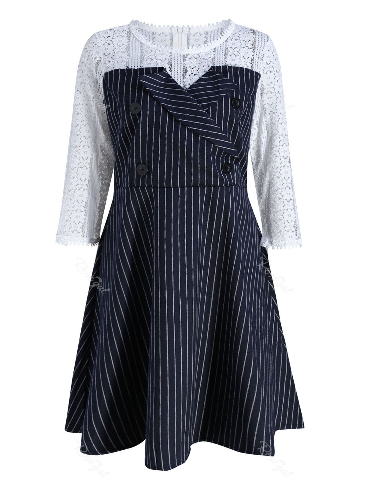 

Plus Size Lace Panel Double Buckle Embellished Dress, Blue