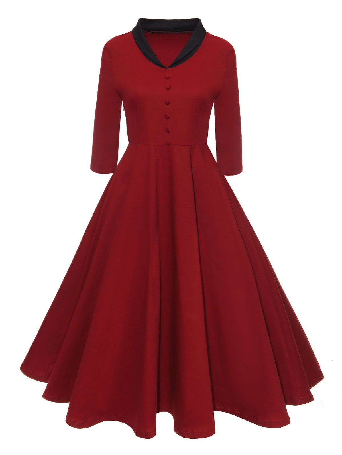 

V-neck Half Button Vintage A Line Dress, Red