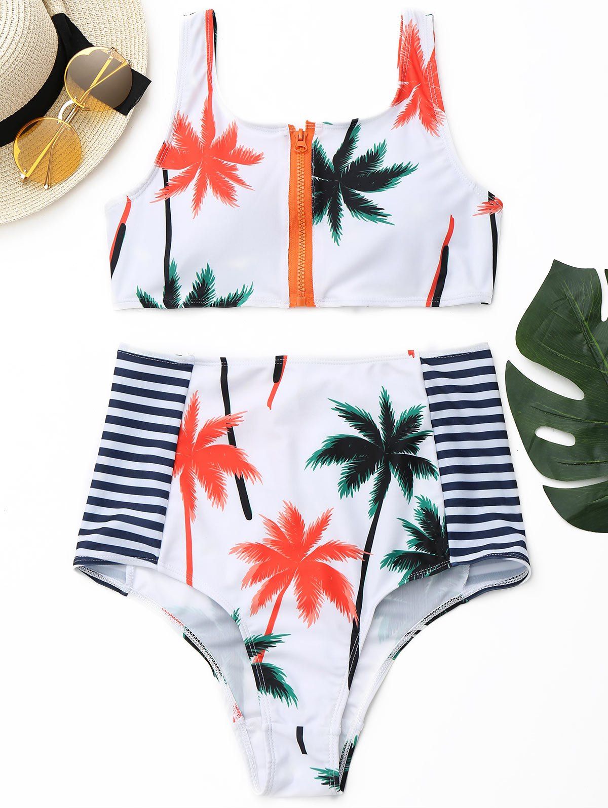 

Tropical Cropped Bikini Set with Zipper, White