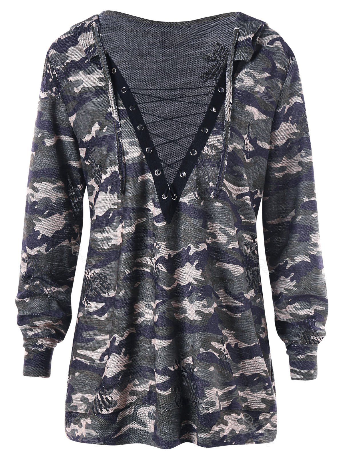 

Plus Size Camouflage Lace Up Plunging Hoodie