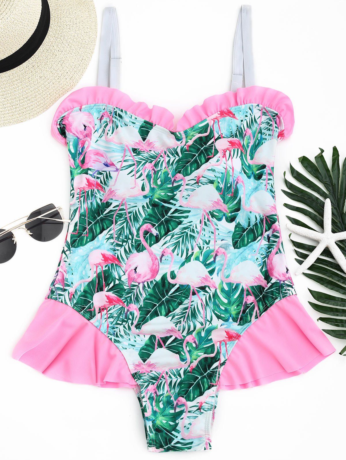 OFF Flamingo Tropical Print Ruffled Swimwear Rosegal