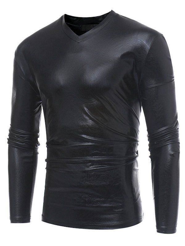 

Faux Leather Paisley V Neck Long Sleeve T-shirt, Black