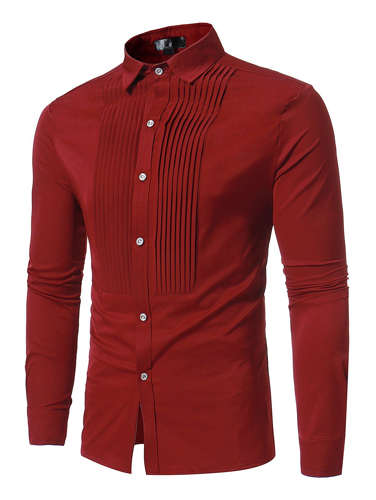 

Front Pleated Button Long Sleeve Shirt, Red
