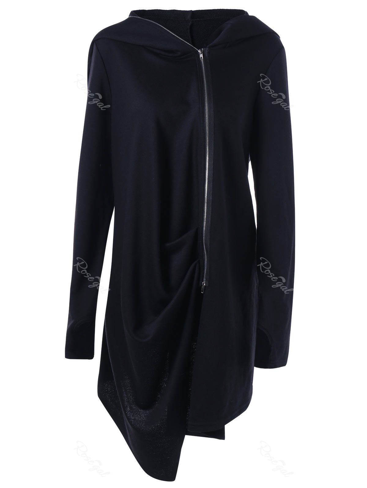 

Plus Size Zip Up Hooded Asymmetrical Coat, Black